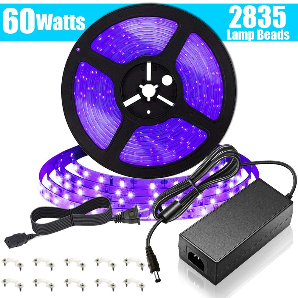 SUNVIE LED Black Light Strip, 60 Watts 16.4Ft/5M 2835 SMD 300LEDs Flexible Waterproof IP65 LED Light Strip with DC 24V 3A Power Supply Lee Lighting