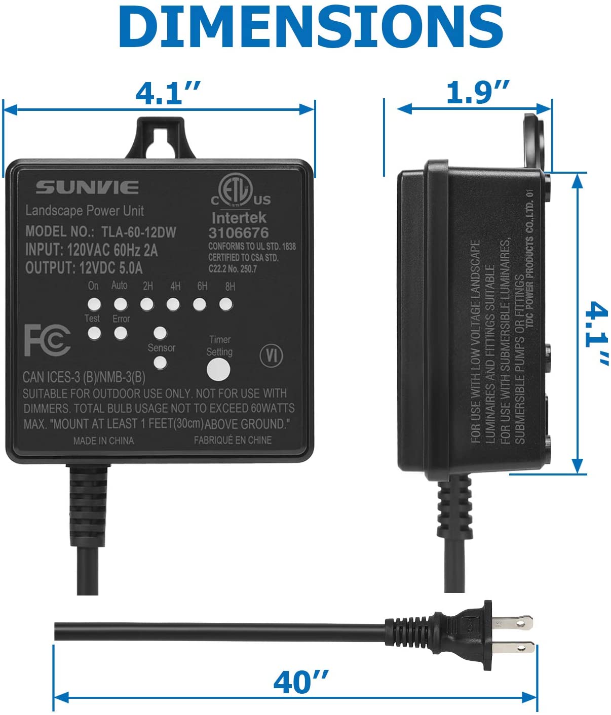 SUNVIE Low Voltage Transformer 60W Landscape Lighting Power Supply with Photocell Sensor and Timer for Outdoor Spotlight Floodlight Garden Pathway Path Lights 120V AC to 12V DC (ETL Listed) Lee Lighting